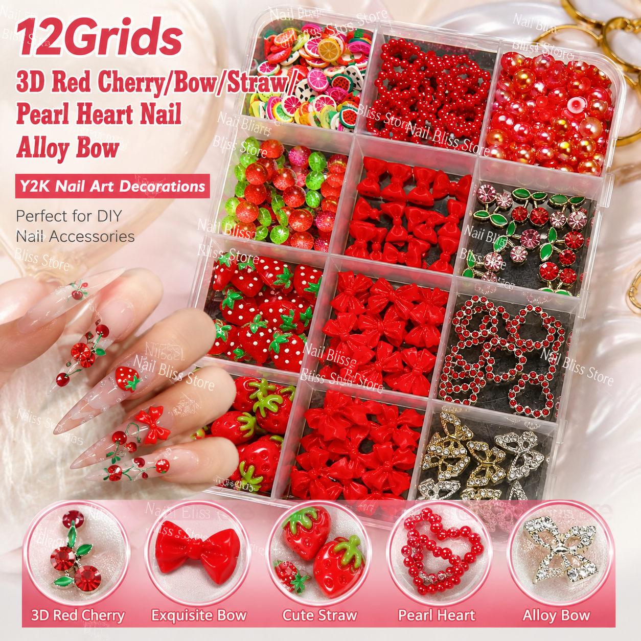 Nail Art Red Cherry - 12Grids 3D Red Cherry/Bow/Strawbery/Pearl Heart Nail