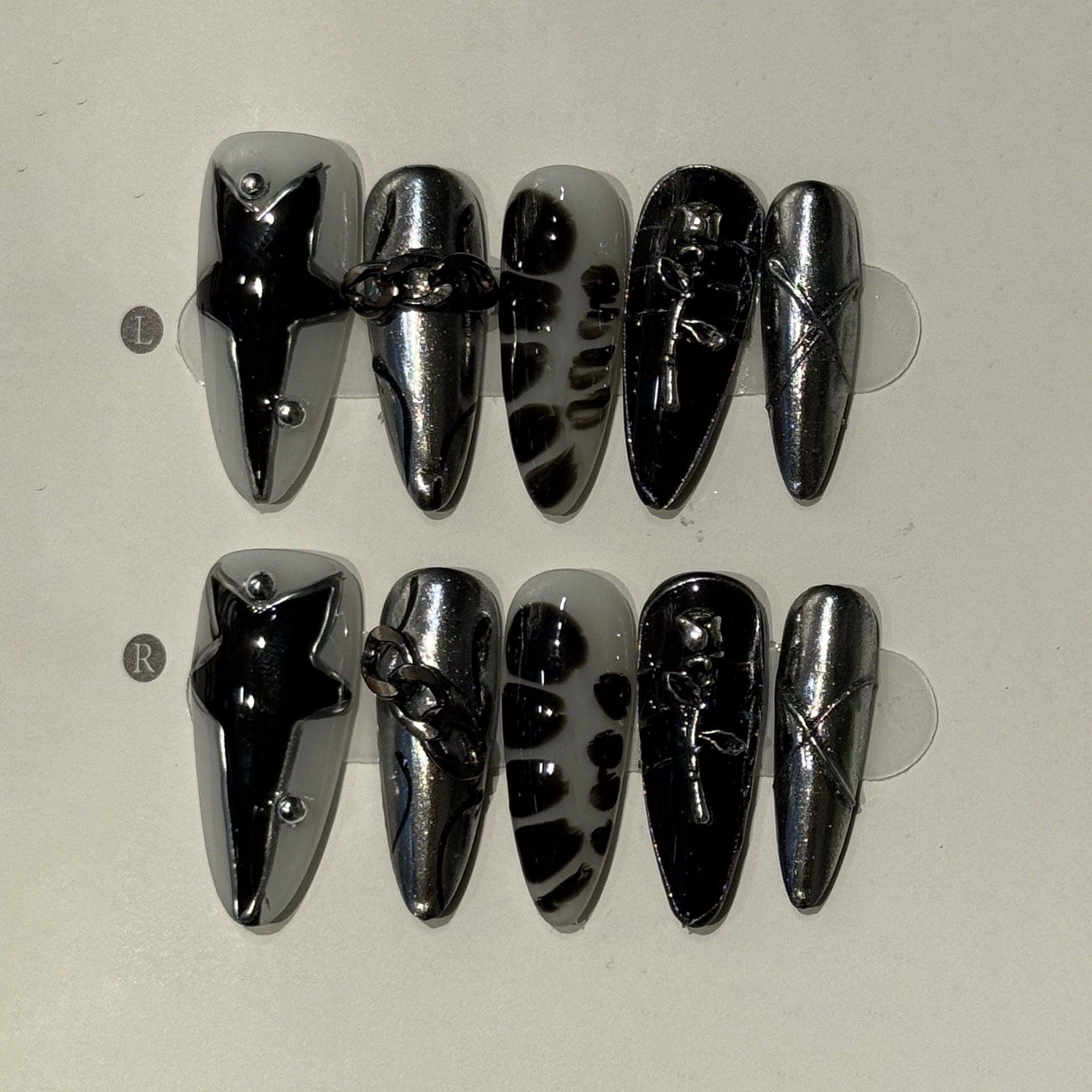 Nail Art Flower - 10pcs/set Black Almond Handmade Press on