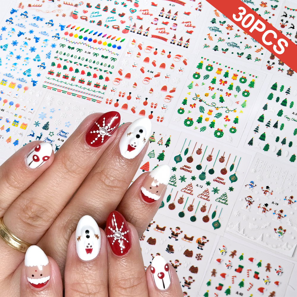 Nail Art Xmas - 30pcs Cute Cartoon Snowman Christmas Nail