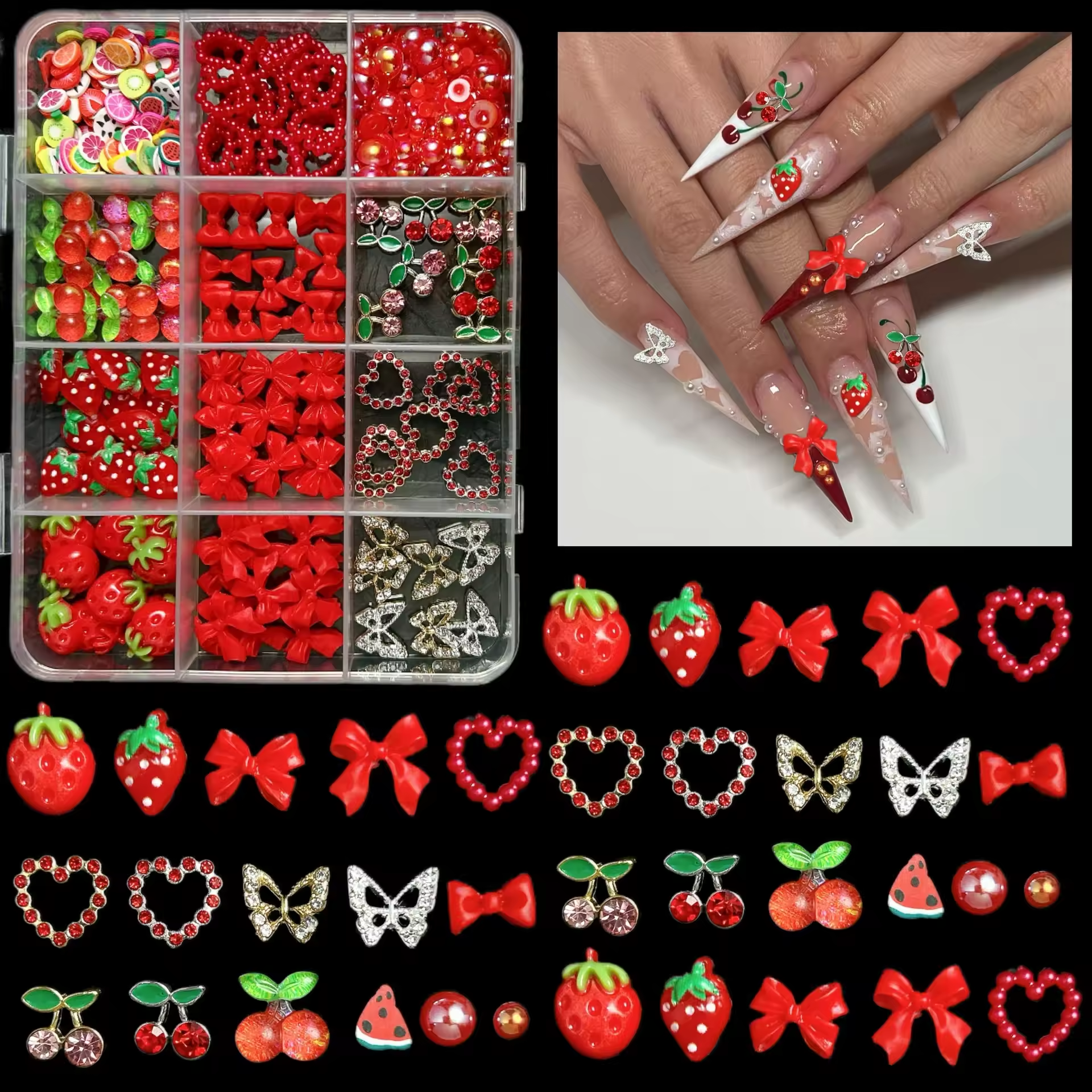 12Grids 3D Red Cherry/Bow/Stra - Nail Art Red Cherry incelemesi ve fiyatı