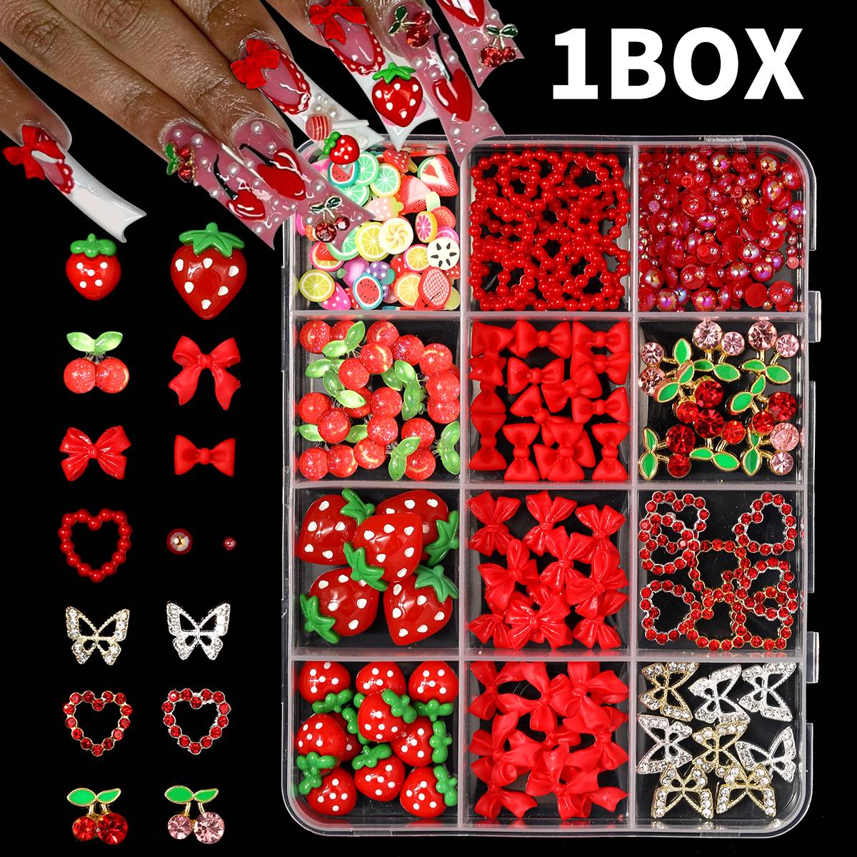 12Grids 3D Red Cherry/Bow/Stra - Nail Art Red Cherry incelemesi ve fiyatı