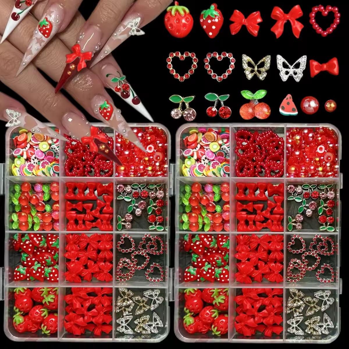 12Grids 3D Red Cherry/Bow/Stra - Nail Art Red Cherry incelemesi ve fiyatı