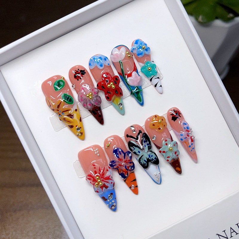 10Pcs/set Long Almond Hand-pai - Nail Art Flower incelemesi ve fiyatı