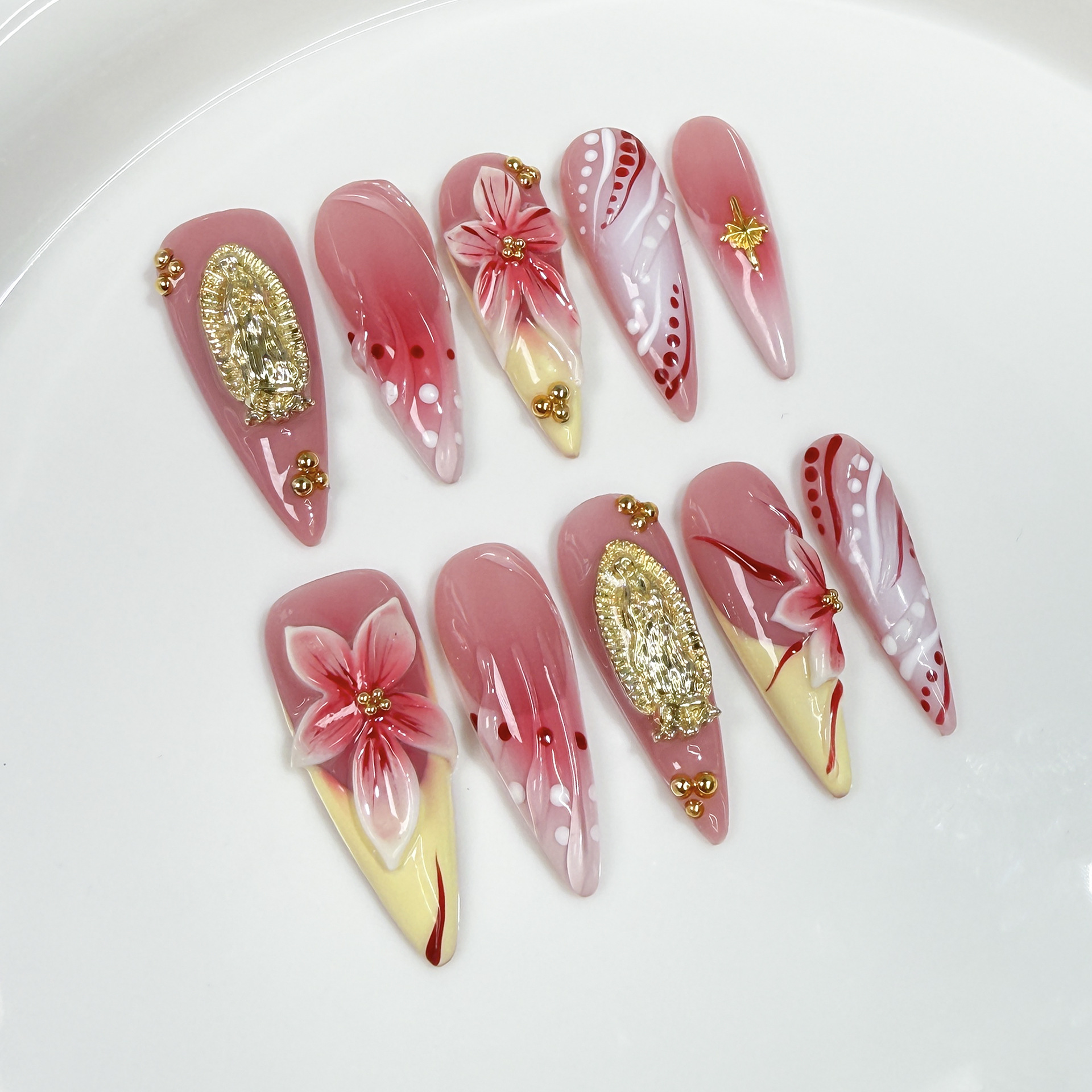 10Pcs/set Long Almond Hand-pai - Nail Art Flower incelemesi ve fiyatı
