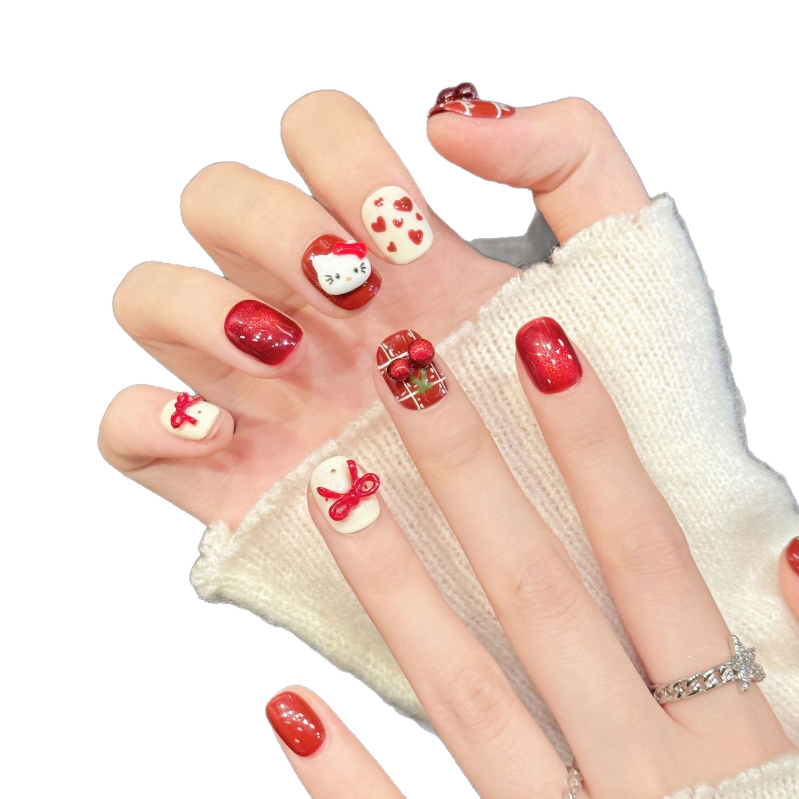 10PCS Handmade Nail Art Red Wh - Nail Art Red Cherry incelemesi ve fiyatı