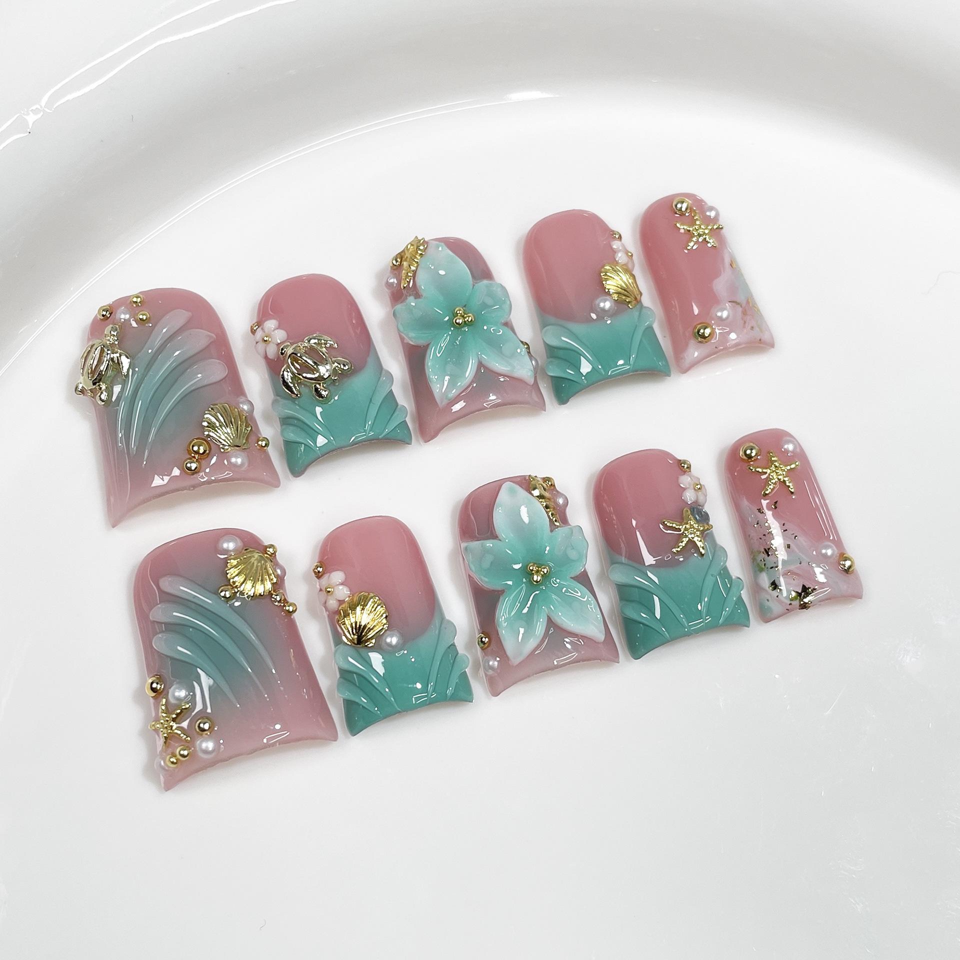10pcs Ocean Style Fake Nails D - Nail Art Flower incelemesi ve fiyatı