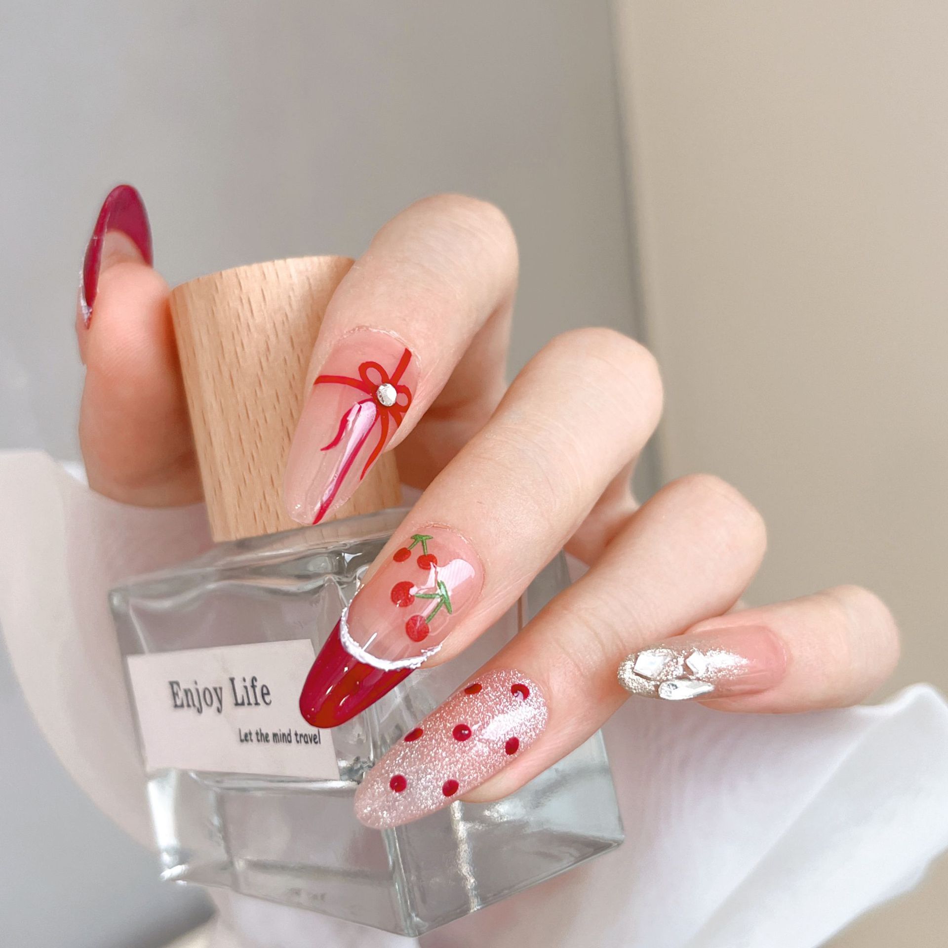 1pcs Kawaii Red Cherry Bow Nai - Nail Art Red Cherry incelemesi ve fiyatı